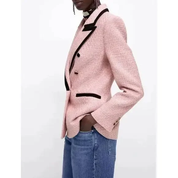 Zara Pink Tweed Double Breasted Structured Blazer XS - Picture 2 of 9